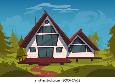 Casa de campo en bosque, casa de madera sobre pilotes en campo verde entre árboles de coníferas. Casa de lujo con terraza sobre pilas en madera soleada. Vivienda ecológica, hotel, fondo de juego pc, ilustración vectorial de dibujos animados