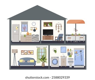 Cottage with furnished rooms and a balcony. Room with an armchair and TV, living room with a sofa. Kitchen with furniture. Bathroom with shower and washing machine. Dollhouse in section. Vector