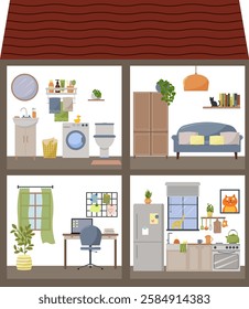 Cottage with furnished rooms. Living room with sofa and wardrobe. Kitchen with furniture and study. Bathroom with toiletries. Dollhouse in section. Vector illustration