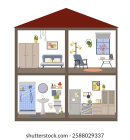 Cottage with furnished rooms. Room with a sofa and a wardrobe. Living room with an armchair and a window. Kitchen with furniture. Bathroom with a shower and toiletries. Dollhouse in section. Vector