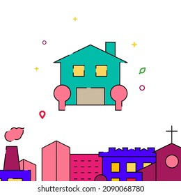 Cottage with garage filled line vector icon, simple illustration, city buildings related bottom border.