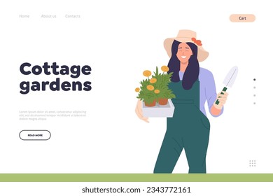 Cottage garden concept for landing page with happy florist or botanist landscape worker design