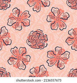 Cottage garden flower seamless vector pattern background. Modern floral line art design with hand drawn flowers on textured backdrop. Pink farmhouse garden botanical repeat. All over print for summer