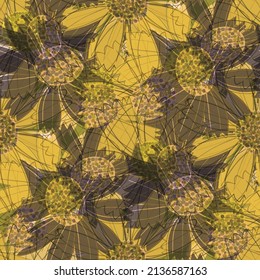 Cottage garden flower seamless vector pattern background. Modern floral line art design with hand drawn flowers painterly blended backdrop. Mustard yellow farmhouse garden botanical repeat for fall