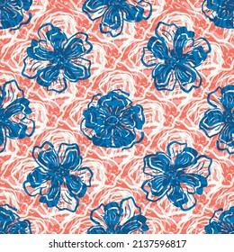 Cottage garden flower seamless vector pattern background. Modern floral line art design with hand drawn flowers on textured backdrop. Blue pink red farmhouse garden botanical repeat for summer