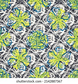 Cottage garden flower seamless vector pattern background. Abstract midcentury modern color floral line art design with hand drawn flowers on textured backdrop. Farmhouse garden botanical repeat