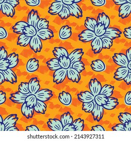 Cottage garden flowers seamless vector pattern background. Bright orange blue painterly canvas farmhouse style. Hand drawn country flowers on textured backdrop.Hot summer cottagecore aesthetic repeat