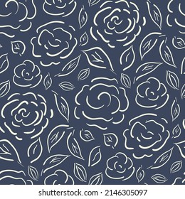 Cottage garden flowers seamless vector pattern background. Blue white line art farmhouse style. Hand drawn country flowers botanical outline backdrop.Cottagecore aesthetic textural all over print.