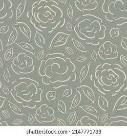 Cottage garden flowers seamless vector pattern background. Neutral line art farmhouse style. Hand drawn country flowers botanical outline backdrop.Cottagecore aesthetic textural all over print.