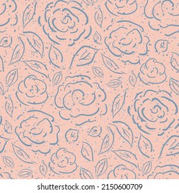 Cottage garden flowers seamless vector pattern background. Pink white line art farmhouse style. Hand drawn country flowers botanical outline backdrop.Cottagecore aesthetic textural all over print.