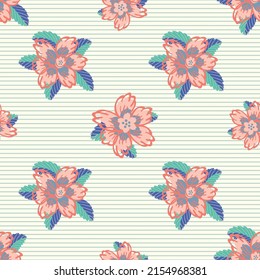 Cottage garden flowers seamless vector pattern background. Pink pastel teal blue painterly canvas farmhouse style. Hand drawn country flowers on seersucker stripe backdrop. Cottagecore floral repeat