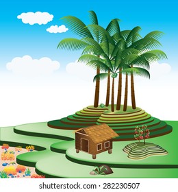 cottage and green island, vector illustration