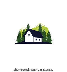 cottage home stay in front of pine tree forest vector logo design template