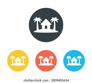 Cottage, hotel, resort, residence on island vector icon. Tropical isle with palm trees symbol illustration.