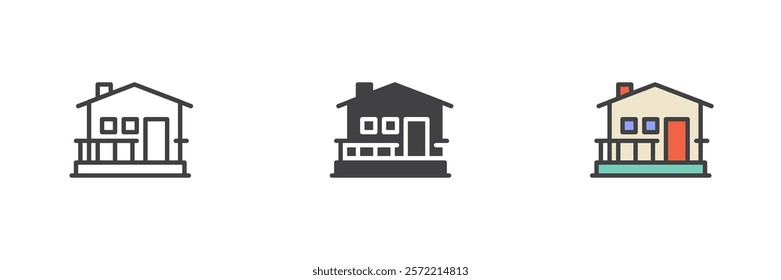 Cottage house different style icon set. Line, glyph and filled outline colorful version, outline and filled vector sign. Suburban house symbol, logo illustration. Vector graphics