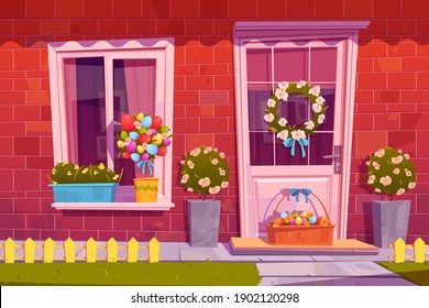 Cottage house facade decorated for Easter holiday with eggs in basket and flower wreath or bouquet. Front view home building exterior of red brick with window and door, Cartoon vector illustration