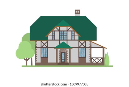 Cottage house facade flat vector illustration. Two-storey modern house, villa, cottage, townhouse, real estate architectural exterior. 