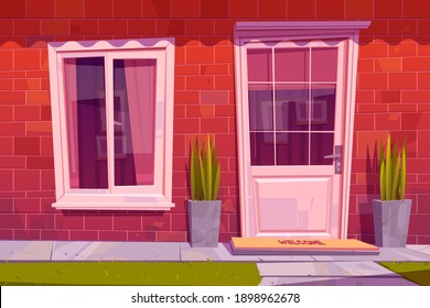 Cottage house facade front view, home building exterior of red brick with window, door and welcome rug at doorstep with potted plants, tiled path and green lawn at yard, Cartoon vector illustration