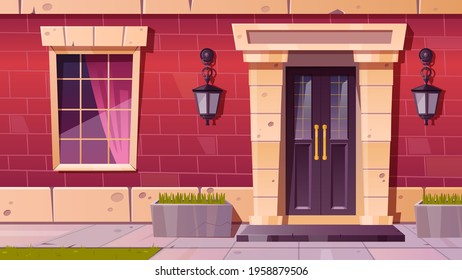 Cottage house facade front view, home building exterior of red brick with window, door and rug at doorstep with plants in flowerbeds, tiled path and green lawn at yard, Cartoon vector illustration