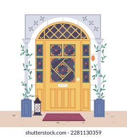 Cottage house facade front view from street, home building exterior, door with window, rug at doorstep with plants in flowerbeds, lamp, number plate, tiled path. Entries to apartments. Office doorway