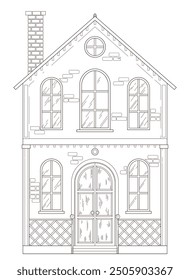 Cottage house facade - front view line art drawing. Cute suburban mansion design with fence, tall windows, brick chimney.