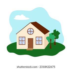 A cottage house. Flat design colorful illustration clipart, isolated on white background. Real estate for sale concept