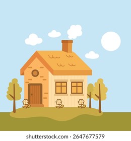 Cottage House with Flowers and Grass .Vector Illustration