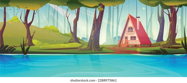 Cottage house in forest near river fairytale background illustration. Tree and lake cartoon landscape with hut on riverside. Lonely home in wild nature with porch, window and chimney in summer.