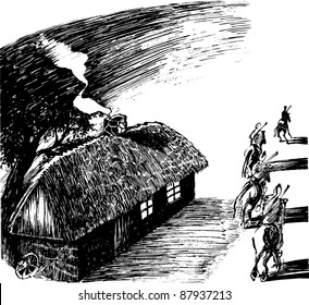 cottage house and four horsemen drawing illustration