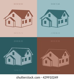 Cottage House in Four Variants - Regular and Inverted Hot and Cold Colors - Silhouette Stencil and Woodcut Design