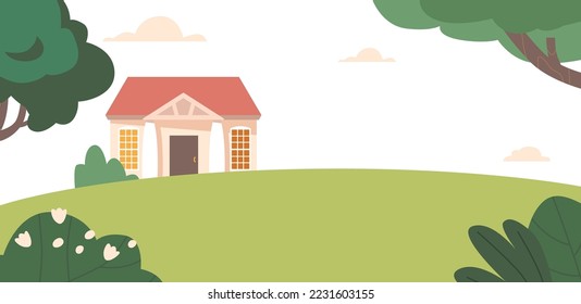 Cottage House at Green Field at Spring or Summer Time. Countryside Landscape with Private Dwelling, Villa or Home on Nature Background with Trees and Meadow. Cartoon Vector Illustration