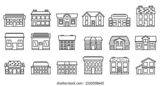 Cottage house icons set. Outline set of cottage house vector icons for web design isolated on white background