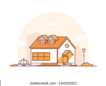 Cottage house - modern thin line design style vector illustration on white background. Orange colored high quality composition, landscape with small low-storey building, lantern, merry go round, bush