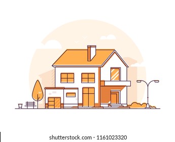 Cottage house - modern thin line design style vector illustration on white background. Orange colored high quality composition with a two storey building with garage, lantern, tree, bench, rubbish bin