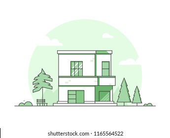 Cottage house - modern thin line design style vector illustration on white background. Green colored composition with a low-storey building, bench, bush. Suburban, town architecture, eco farming