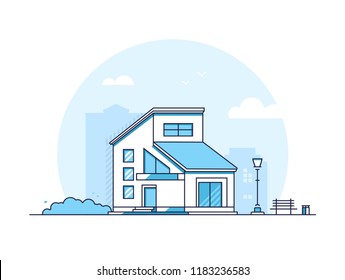 Cottage House - Modern Thin Line Design Style Vector Illustration On White Background. Blue Colored High Quality Composition With A Low-storey Building, Lantern, Bench, Bush, Bin. City Architecture