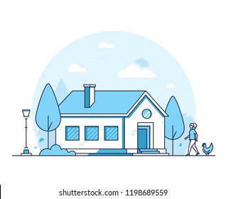Cottage house - modern thin line design style vector illustration on white background. Blue colored composition with a nice small building, lantern, tree, woman walking, hen. Farm, village landscape