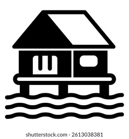 Cottage house on piles at water solid icon, thailand resort concept. Vector graphics. Venetian style house sign on white background, glyph style mobile or design
