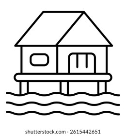 Cottage house on piles at water thin line icon, thailand resort concept. Vector graphics. Coastal house, building sign on white background, linear style for mobile or design