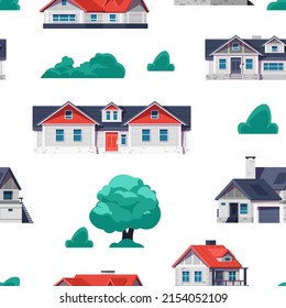 Cottage house pattern. Cartoon country building seamless print with town houses exterior. Vector rural texture. Private contemporary mansions, suburban homes with tree and bush textile