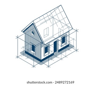 Cottage house for rest project concept, 3D isometric vector illustration of a small house building project, countryside small house cabin in village or nature.