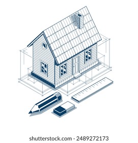 Cottage house for rest project concept, 3D isometric vector illustration of a small house building project, countryside small house cabin in village or nature.