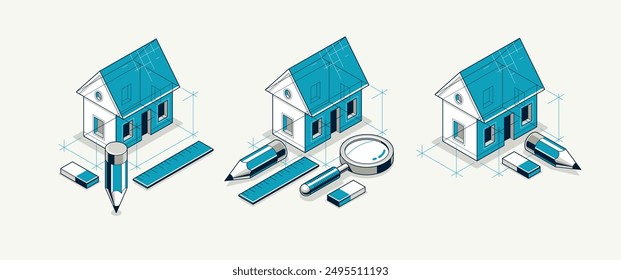 Cottage house for rest project concept set, 3D isometric vector illustration of a small house building project, countryside small house cabin in village or nature.