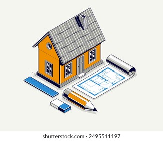Ferienhaus für Ruhestandsprojekt Konzept, 3D isometrische Vektorgrafik eines kleinen Hausbauprojekt, Landschaft kleine Hauskabine in Dorf oder Natur.