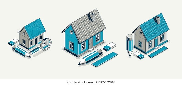 Cottage house for rest project concept set, 3D isometric vector illustration of a small house building project, countryside small house cabin in village or nature.