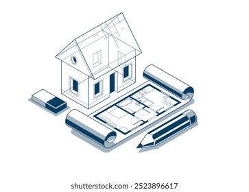 Cottage house for rest project concept, 3D isometric vector illustration of a small house building project, countryside small house cabin in village or nature.