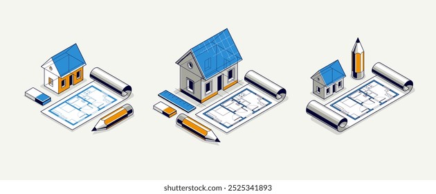 Cottage house for rest project concept, 3D isometric vector illustration of a small house building project, countryside small house cabin in village or nature.