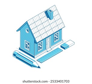 Casa de campo para o conceito de projeto de descanso, ilustração vetorial isométrica 3D de um projeto de construção de casa pequena, cabine de casa pequena do campo na aldeia ou na natureza.