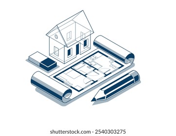 Casa de campo para el concepto de proyecto de descanso, Ilustración vectorial isométrica 3D de un proyecto de construcción de una casa Pequeña, cabaña de casa Pequeña en el campo en el pueblo o la naturaleza.