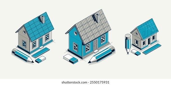 Casa de campo para conjunto de conceito de projeto de descanso, ilustração vetorial isométrica 3D de um projeto de construção de casa pequena, cabine de casa pequena do campo na aldeia ou na natureza.
